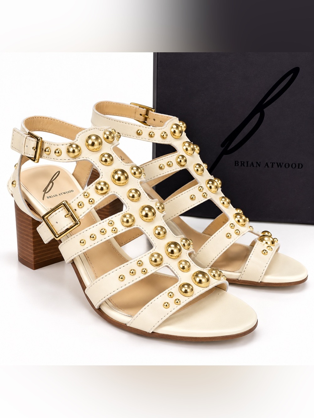 Brian Atwood Cream Leather Gold-Stud Block Heel Sandals